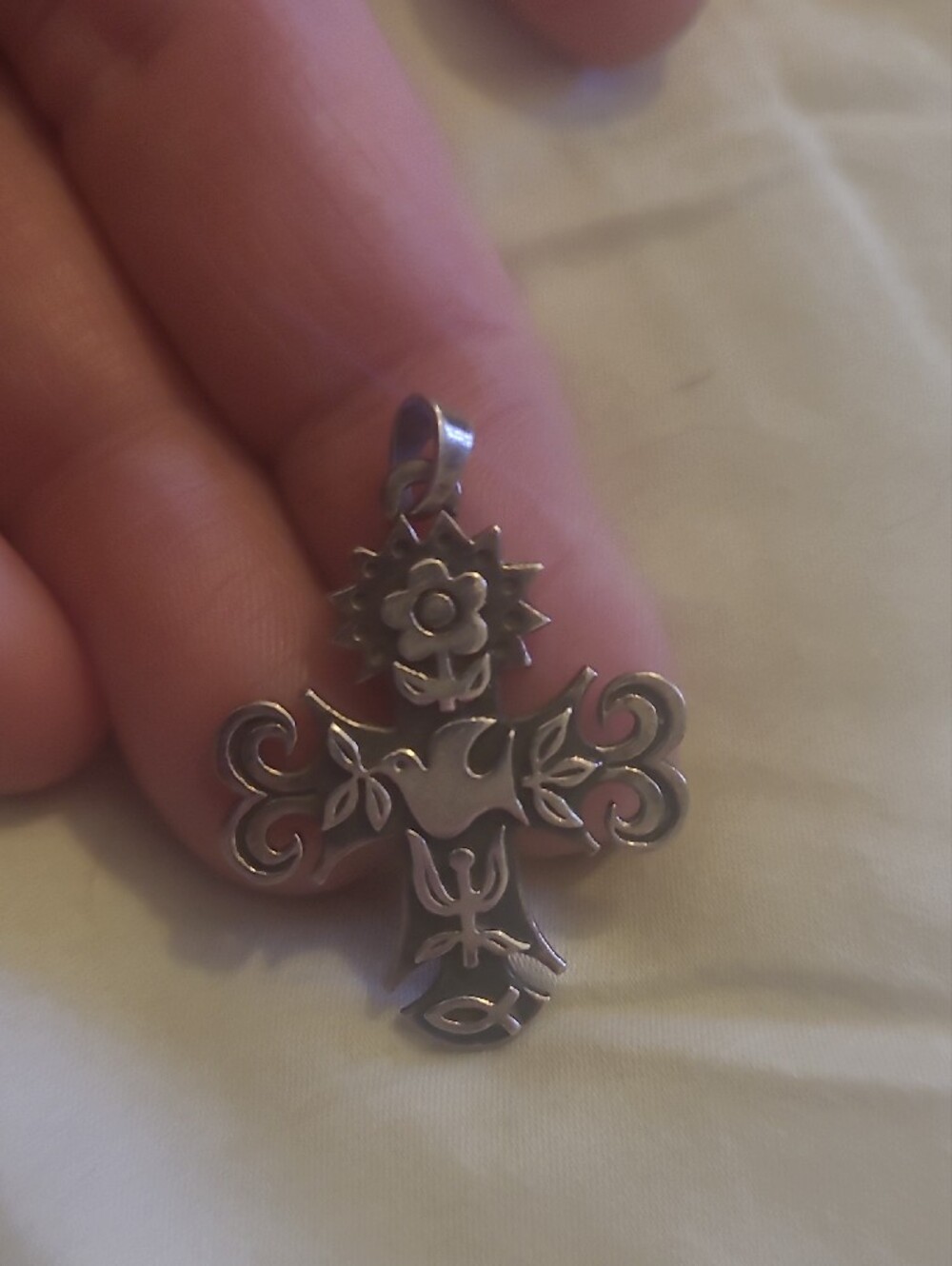 Retired James Avery Silver Dove Floral Cross Pendant - Picture 3 of 4